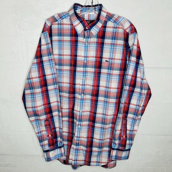 Vineyard Vines Slim Fit Whale Shirt Cotton Button-Down Plaid Sz L Red Blue White - Picture 1 of 9